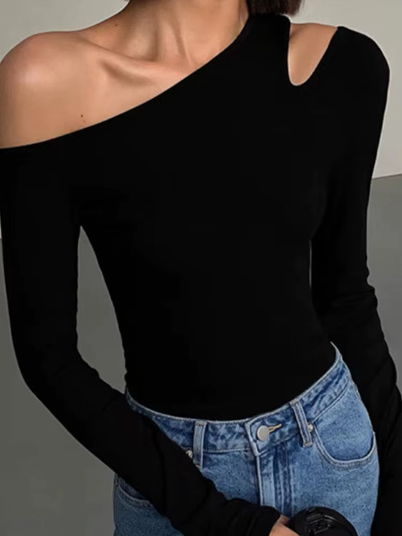 Fashion Skew Collar Off-Shoulder Long-Sleeved T-Shirts Women Spring New Solid Slim Fit Crop Top Sexy Hollow Out Tees Shirts