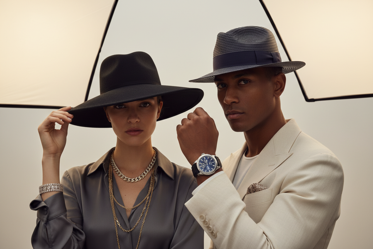 A man and women modeling jewelery, watches and necklaces and hats 