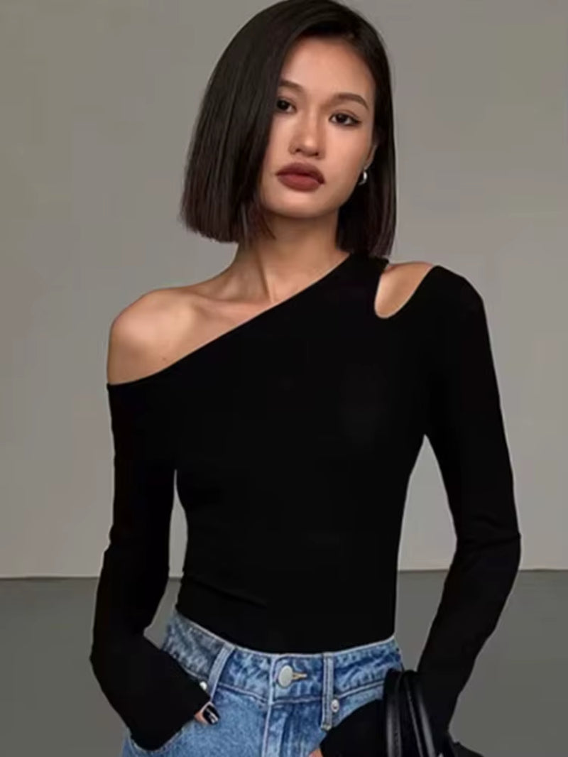 Fashion Skew Collar Off-Shoulder Long-Sleeved T-Shirts Women Spring New Solid Slim Fit Crop Top Sexy Hollow Out Tees Shirts