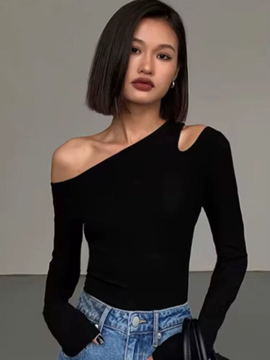 Fashion Skew Collar Off-Shoulder Long-Sleeved T-Shirts Women Spring New Solid Slim Fit Crop Top Sexy Hollow Out Tees Shirts