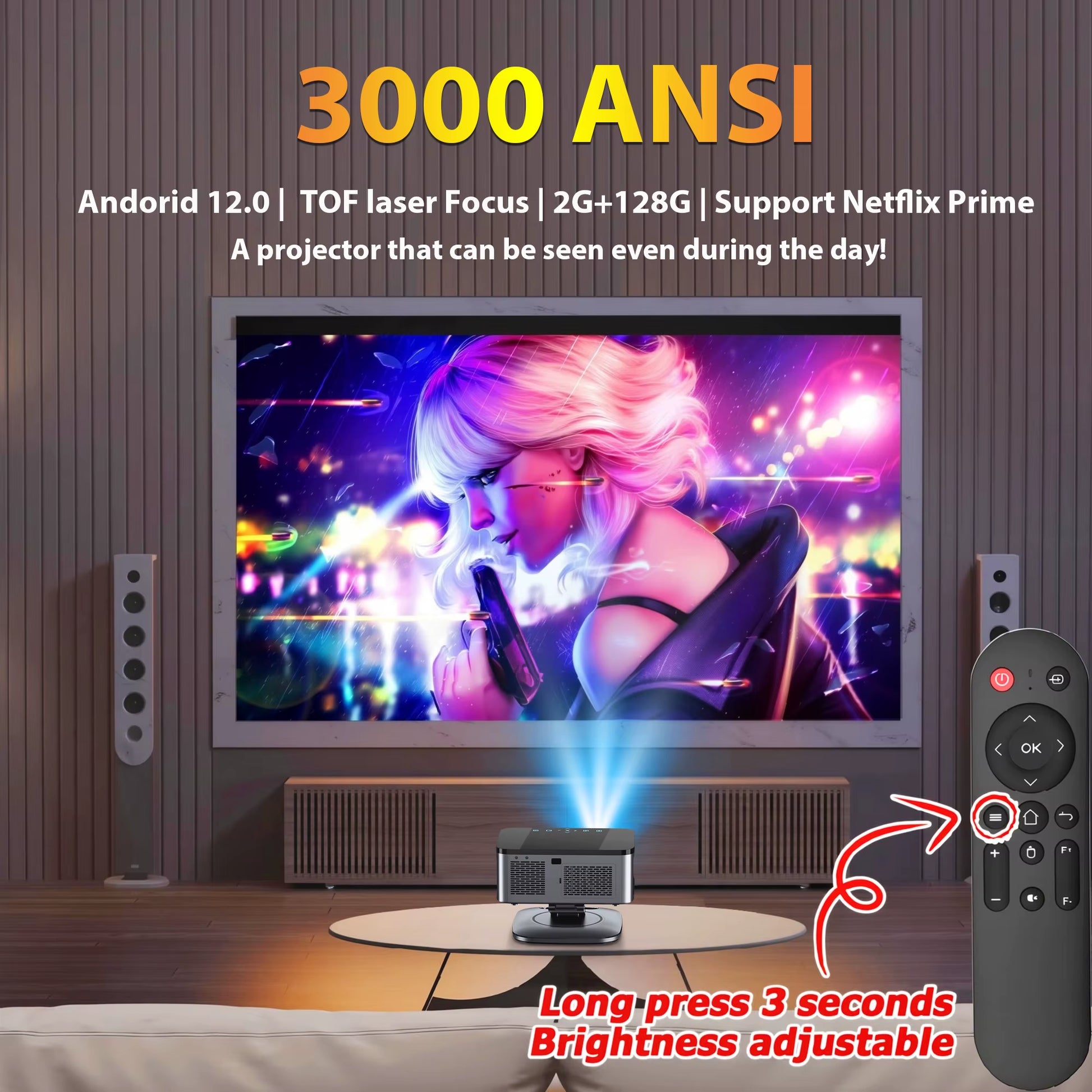 2025 Laser TOF Focus Projector 45000Lumens Moive Daylight Projector Portable 4K Android 12.0 LED Projector WIFI6/20MS
