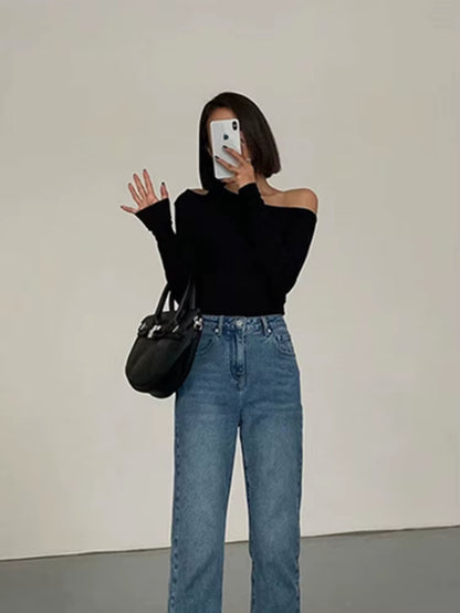 Fashion Skew Collar Off-Shoulder Long-Sleeved T-Shirts Women Spring New Solid Slim Fit Crop Top Sexy Hollow Out Tees Shirts